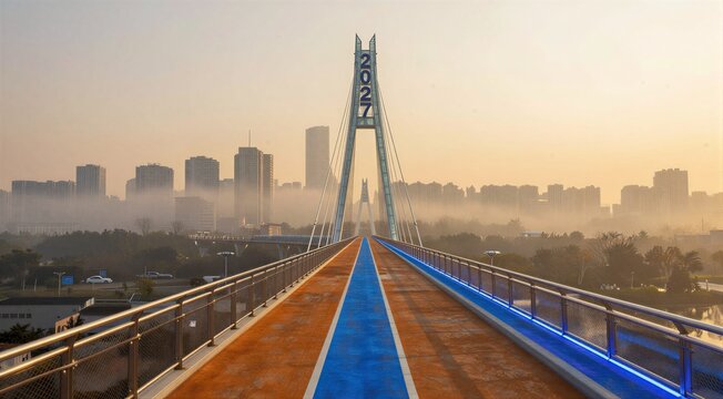 Suspension bridge leading toward 2027 tower in morning haze