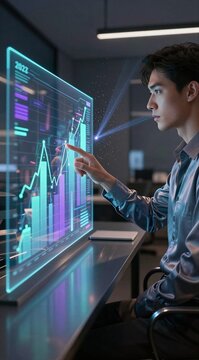 Young man analyzing holographic financial charts at desk