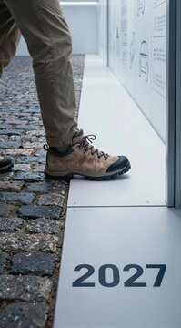 Person stepping on 2027 marker at outdoor stone walkway