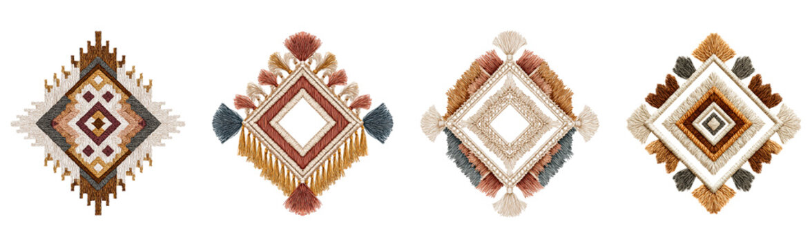 Bohemian macrame wall hangings rhombus shaped with decorative elements and tassels ethnic boho chic craft handmade textile art for home interior.