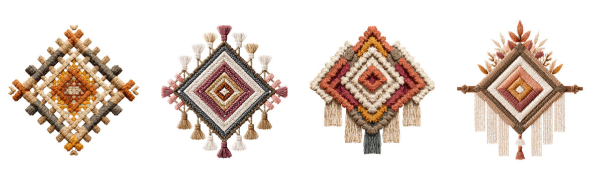 Bohemian macrame wall hangings rhombus shaped with tassels decorative ethnic boho chic elements handmade art for interior design.