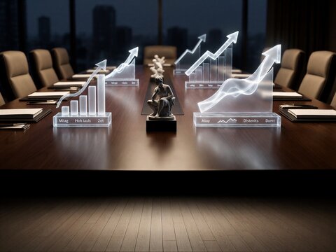 Holographic financial charts rising above conference table