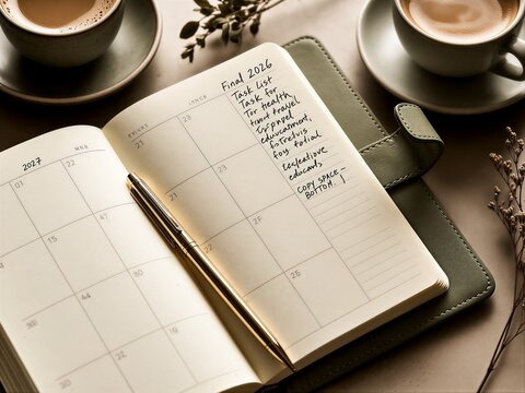 Open planner with handwritten notes and pen beside coffee