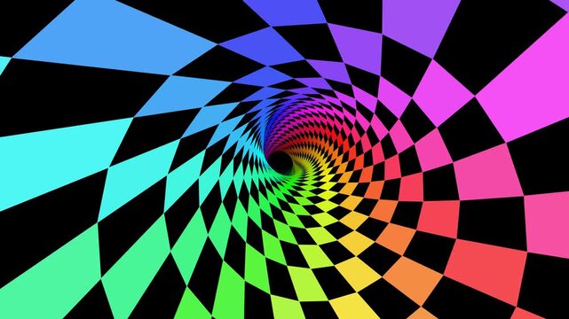 Colorful rainbow checkered tunnel optical illusion infinite zoom motion background seamless loop. Rotating rainbow checkerboard black hole tunnel effect loopable graphic