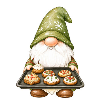 Cute watercolor Christmas Baking Gnome clipart featuring an adorable festive gnome baking holiday treats in cozy red, green, and cream tones.