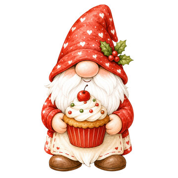 Cute watercolor Christmas Baking Gnome clipart featuring an adorable festive gnome baking holiday treats in cozy red, green, and cream tones.
