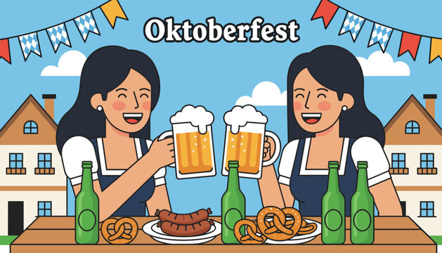 Two cheerful women celebrating Oktoberfest by clinking beer mugs filled with frothy beer at an outdoor table.