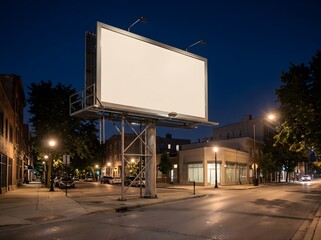 Fototapeta premium Blank billboard on quiet city street at night with street lights and dark sky for advertising