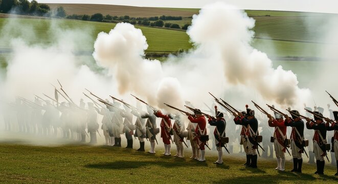 Line of soldiers in historical uniform firing muskets creating smoke clouds during reenactment battle