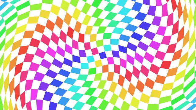 Colorful rainbow checkered grid wave warping background seamless loop motion. Abstract rainbow checkered grid waving background animation