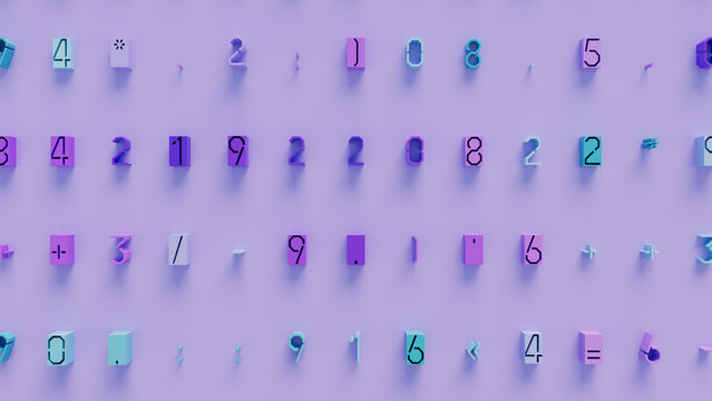 Vibrant Abstract Digital Art of Geometric Shapes and Mathematical Symbols in Shades of Purple, Pink, and Blue on Light Purple Background, Ideal for Technology and Creative Design Projects