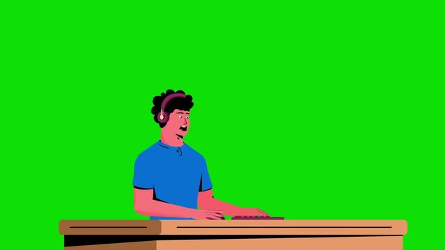 Shocked Cartoon Gamer with Headphones on Green Screen Animation