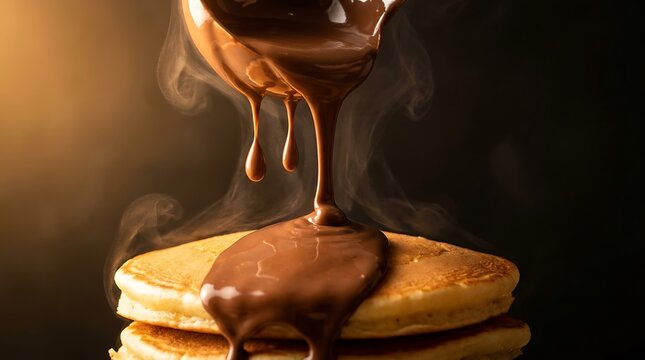 Molten chocolate pouring over fluffy golden pancakes creating rich indulgent breakfast experience with soft steam rising against dark background perfect for culinary social media content.