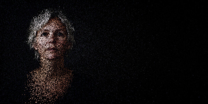 Digital ID Portrait of Woman with Face made up of Data. Blockchain identity Concept with copy-space.