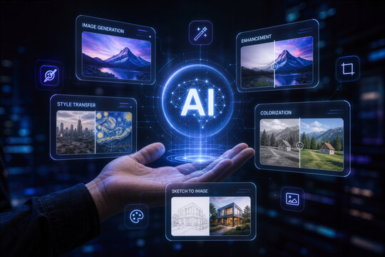 AI Visualizer tools concept hand presenting holographic AI interface with image generation enhancement colorization style transfer sketch to image futuristic tech environment dark background