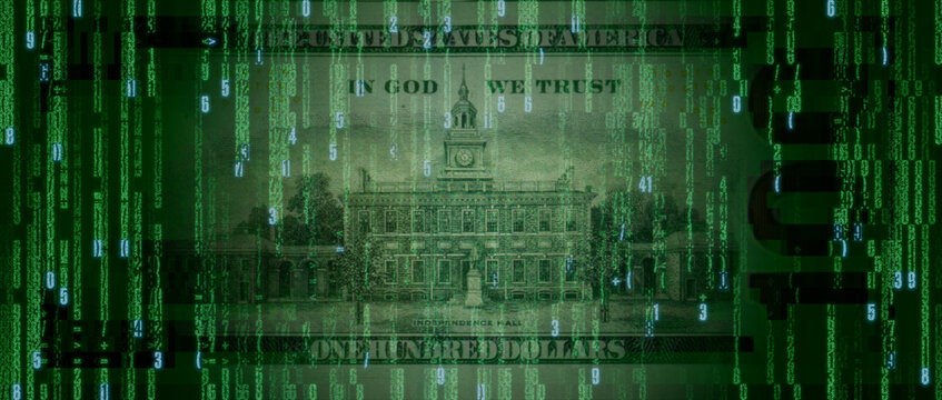 Electronic Currency Concept with One Hundred Dollar Bill made up of Code. Futuristic Banking Background.