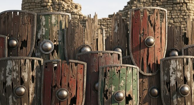 Group of ancient weathered wooden shields with metal bosses, arranged in a defensive formation, medieval battle preparation
