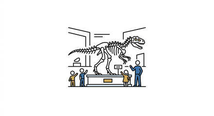 Dinosaur skeleton exhibit in museum with visitors. © konco