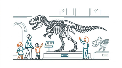 Dinosaur Skeleton Exhibit in Museum with Visitors. © konco