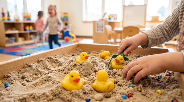 Kids Hands Playing with Rubber Ducks in Sand