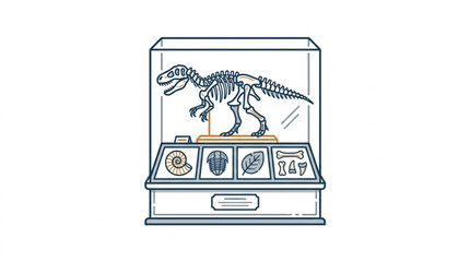 Dinosaur skeleton displayed in a museum exhibit case. © konco