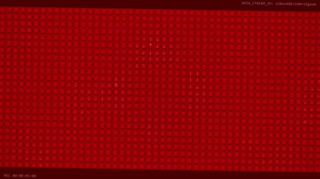Abstract red background with moving digital symbols and data grid pattern