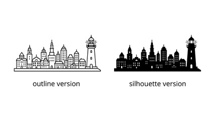 Obraz premium Cityscape Icons: A graphic representation of a city skyline presented in two distinct styles: a detailed outline and a bold silhouette, featuring buildings and a prominent lighthouse.