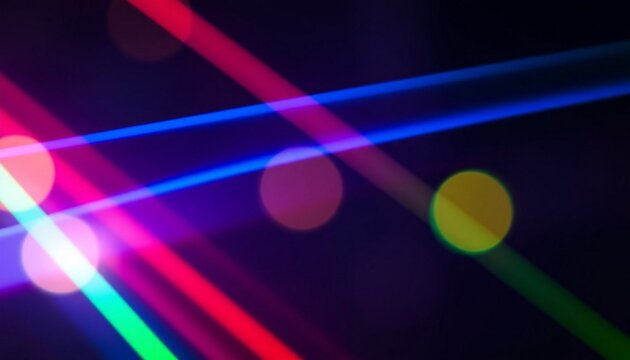 Laser beams intersect through soft circular bokeh lights to create a vibrant stage atmosphere.
