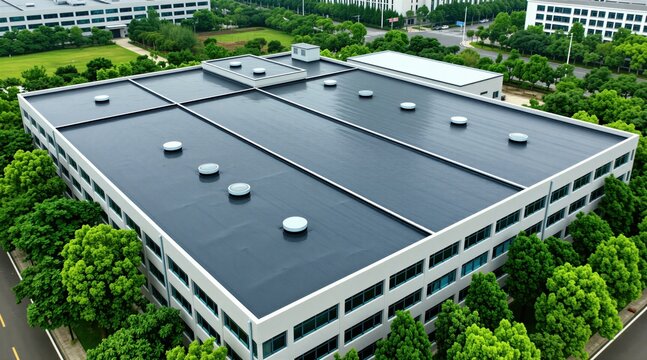 Modern commercial building with durable EPDM rubber flat roof. Green trees surround the structure. The building features multiple windows and vents. Aerial view.