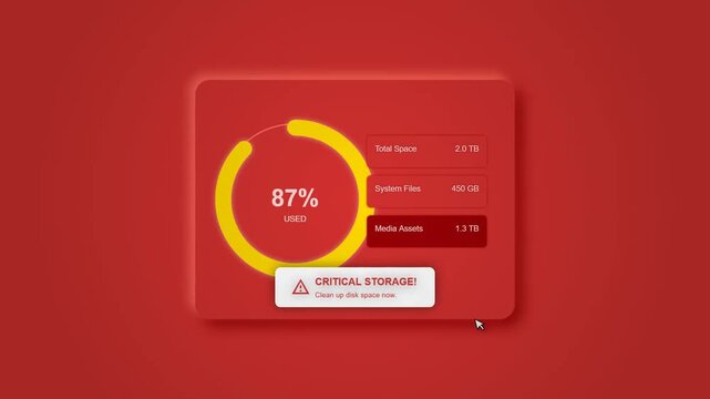 Computer storage full notification showing critical disk space alert