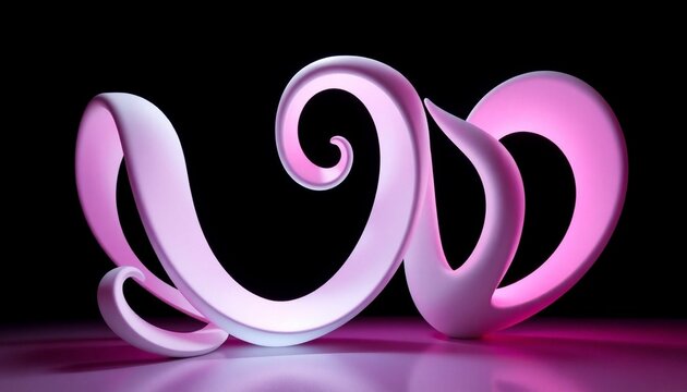 Abstract sculpture featuring swirling pink ribbons creates a dynamic focal point against a dark background.