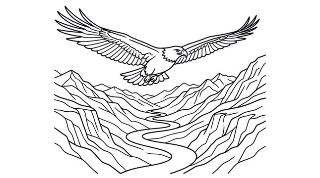 Bald eagle flying above river canyon mountains line art