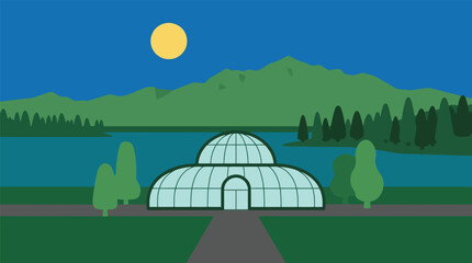 Glass dome building by a lake under moonlight with greenhouse, building © FATEMA