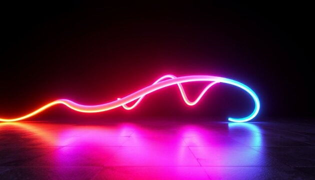 Neon light squiggle glows with vibrant pink and blue hues on a dark reflective floor surface.