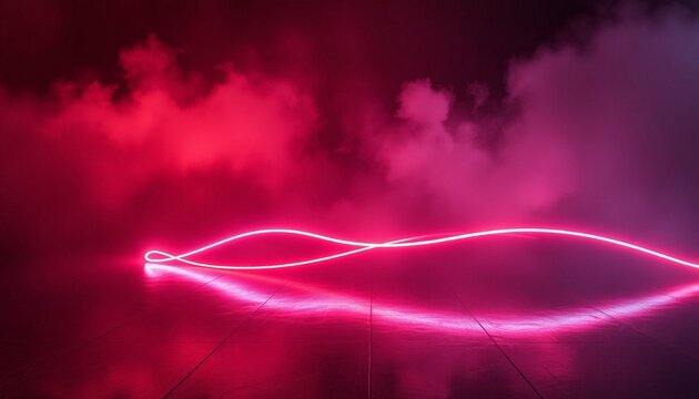 Neon light wave floats above a dark reflective surface amidst swirling pink and purple smoke.