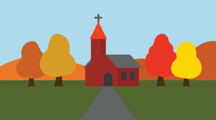Fototapeta premium Small red church building in autumn landscape with building religion landscape