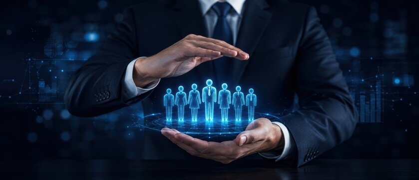 business executive holding hands protectively around glowing digital employee figures, symbolizing workforce safety, leadership, support and corporate responsibility