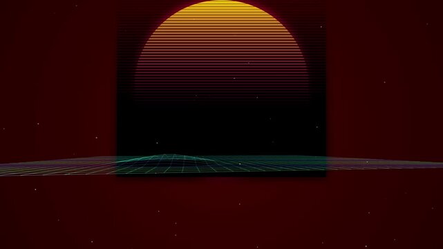 Retro Synthwave Landscape with Glowing Sunset and Digital Grid Horizon