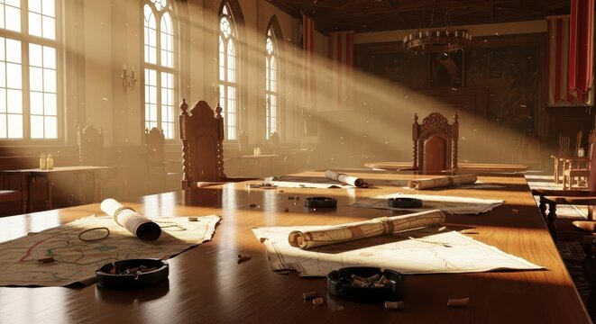 Historic conference room with scrolls and maps on table, illuminated by sunbeams through windows