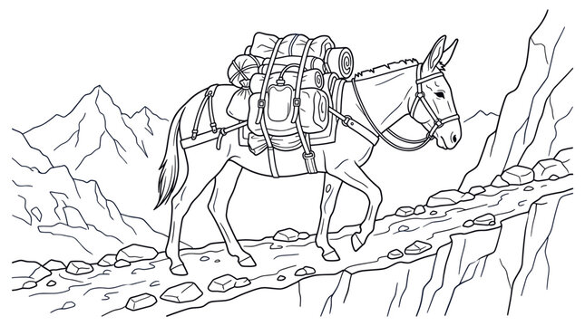 Pack mule carrying gear on mountain trail.