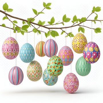 Hanging Colorful Easter Eggs On Tree Branches