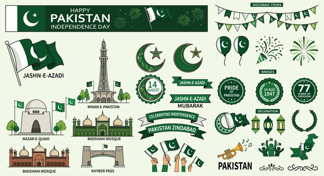 Pakistan Independence Day Celebration Vector Set with National Flags, Landmarks and Decorative Elements