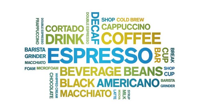 Espresso coffee animated word cloud-animation tag kinetic typography seamless loop.