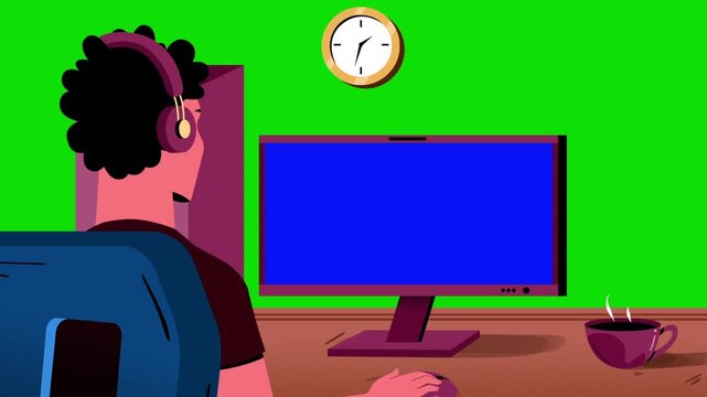 Cartoon Gamer Looking at Blue Screen Computer Monitor on Green Screen Background