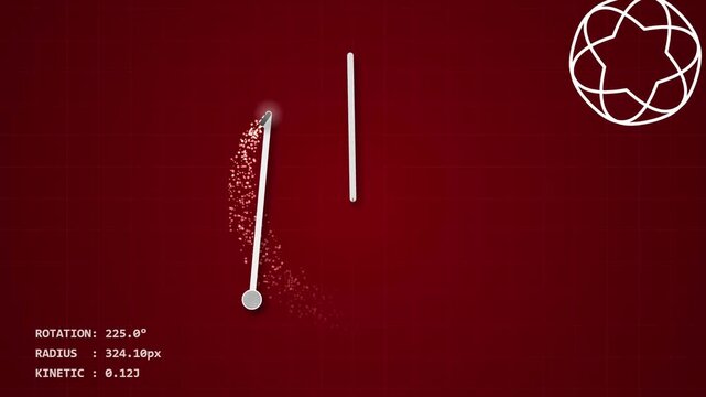 Abstract digital pendulum swinging with particle trails on grid background