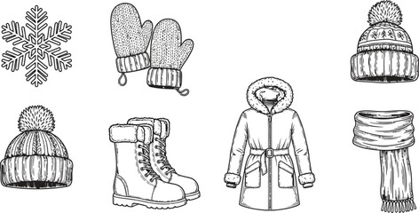 Collection of hand-drawn winter clothing and snowflake icons perfect for seasonal design elements and cold weather concepts © Zohaib