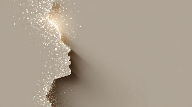 Abstract human profile dissolving into glowing particles, symbolizing mental health, emotional transformation, healing, inner strength, resilience, hope and psychological recovery