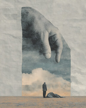 Surreal scene of an overwhelming hand looming above a solitary figure, symbolizing anxiety, fear, emotional pressure, mental health struggles, vulnerability, resilience and hope