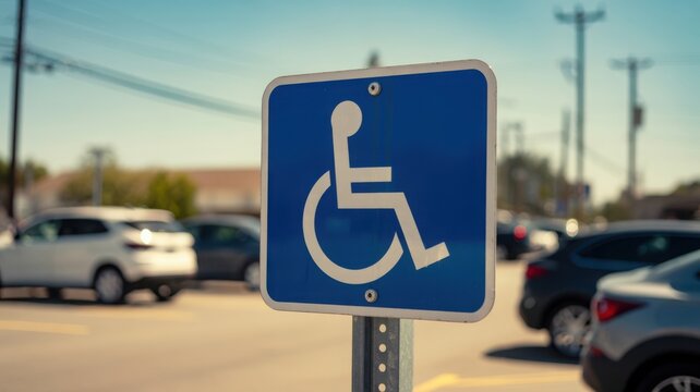 Blue handicap parking sign in a busy outdoor parking lot with blurred cars