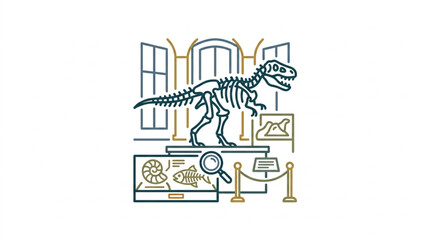 Dinosaur skeleton illustration in museum exhibit setting. © Dne
